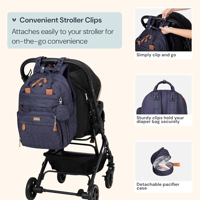BabbleRoo Extra Large Diaper Bag Backpack, Expandable Baby Bag with Up to 50% More Capacity - Travel Essentials Baby Bag Tote with Changing Pad, Stroller Straps & Pacifier Case - Unisex, Denim Blue