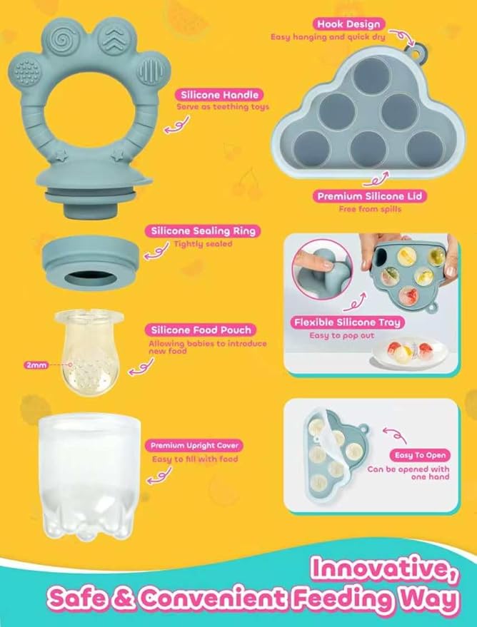 Baby Popsicle Molds & Food Feeder Set, Baby Fruit Feeder for Infant Teething Relief & Safe Infant Self Feeding 4 Months+ Starting Solids for Baby Essentials (Green+Beige)