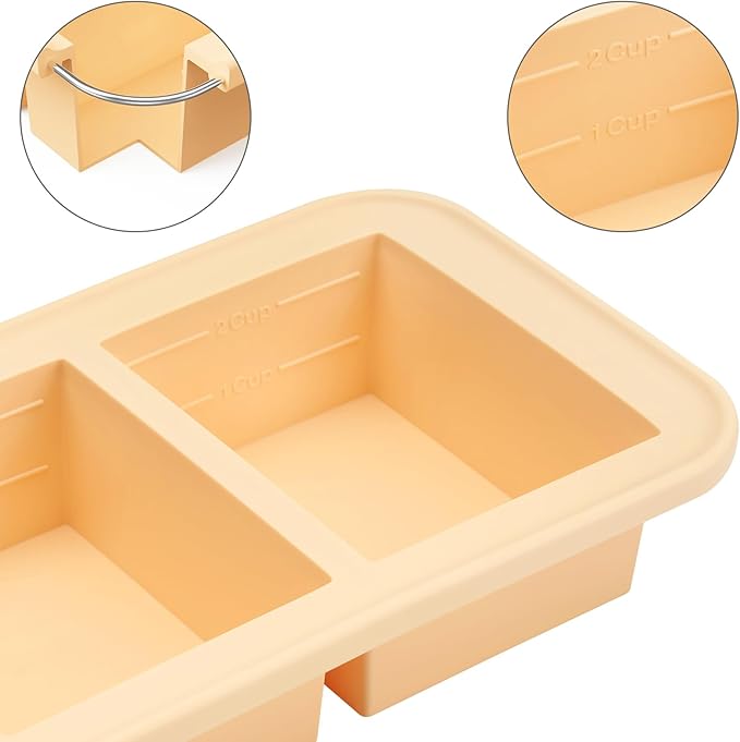 Super Ice Cube Tray 2 Cup X 2 Portions Big Silicone Freezing Mold with Lid, for Soup&Meal, Prep Food Leftovers Freezer Storage Container, 2Pack
