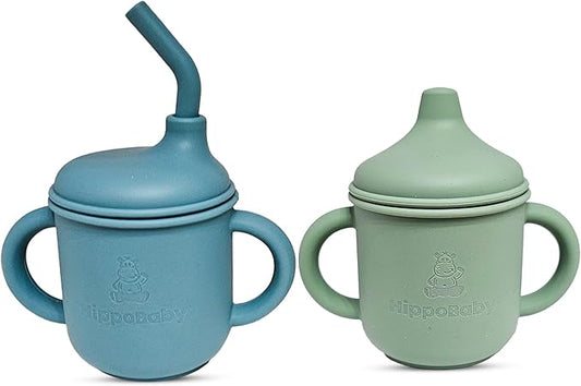 Silicone Transition Sippy Cup for 6+ month old | Includes 1 Toddler straw cup & 1 Baby Sippy Cup with Handles 5 oz | Perfect for Baby Led Weaning (Sky/Mint, 5 oz)
