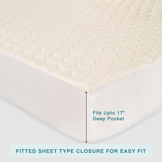FABDREAMS Organic Quilted Mattress Protector Queen Size | Mattress Pad| Mattress Cover| Naturally Breathable | Noiseless| Fits up to 17" Deep Pocket| Temperature Regulating | Ivory