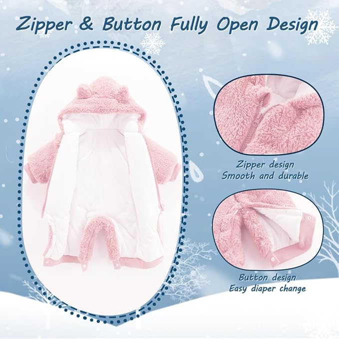 Newborn Baby Bear Outfit Suit Girls Boys Fleece Jumpsuit Romper Hooded Winter Snowsuit Clothes