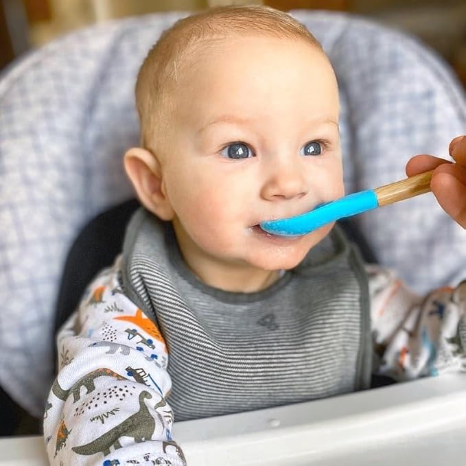 Avanchy Bamboo & Silicone Infant Training Spoons, BPA Free - Soft Tip, Easy on Gums, First Stage Feeding Utensils for Baby-Led Weaning, Self-Feeding, Assorted w/Pink