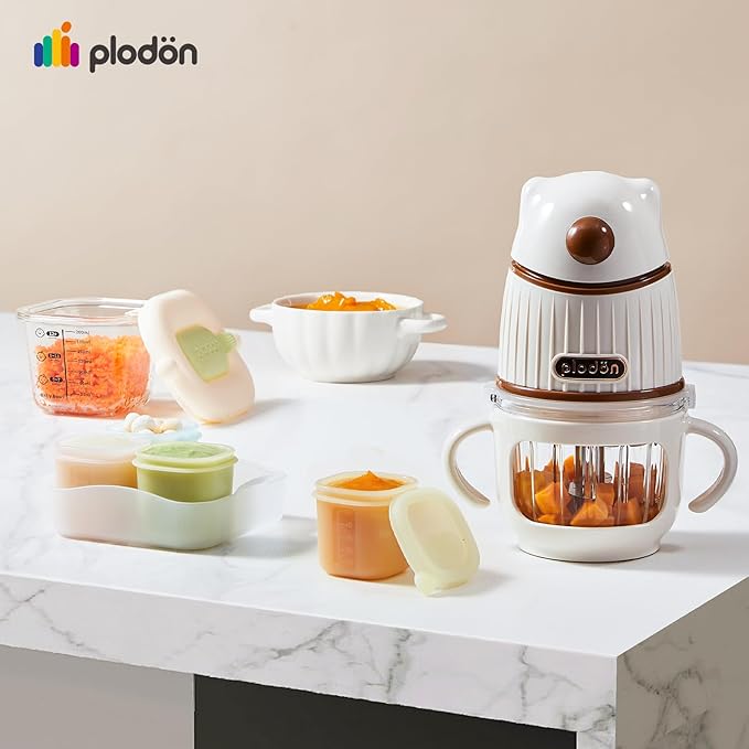 Baby Food Maker-Food Processor, Fruits, Vegetables, Meats, Potatoes, Avocados, Gift Package with A feeding spoon, A bib, A set of 4 separate food ice cube trays, and Two 200ml food storage