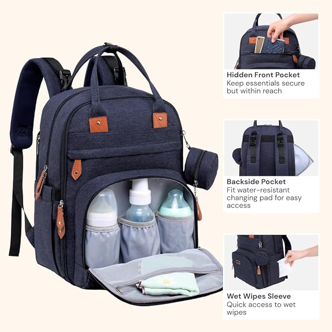 BabbleRoo Diaper Bag Backpack - Baby Essentials Travel Tote - Multi Function Waterproof Diaper Bag, Travel Essentials Baby Bag with Changing Pad, Stroller Straps & Pacifier Case - Unisex, Navy Blue