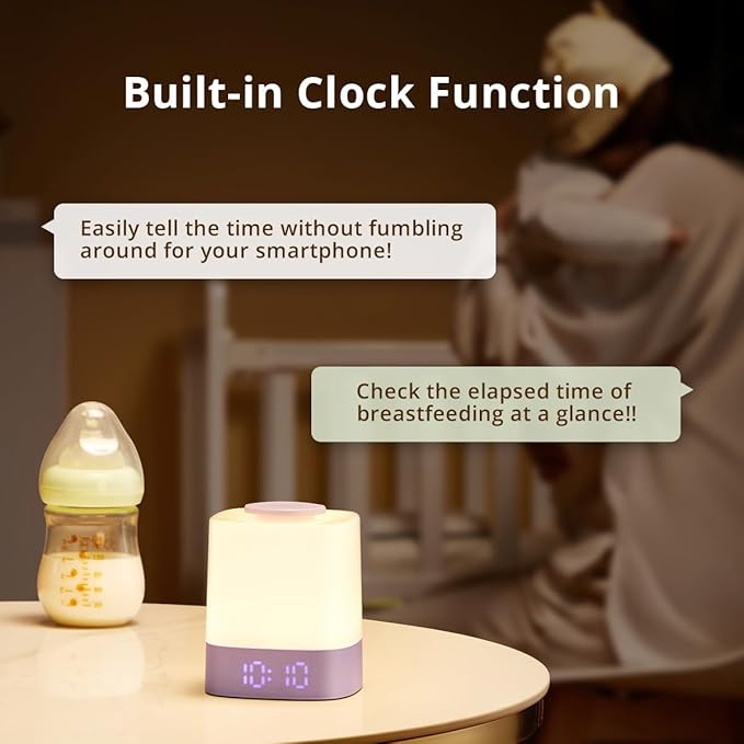 Lyridz LED Nursery Night Light with Clock, Portable Breastfeeding Night Lamp for Baby, Remote Control, 4000mAh Rechargeable Battery, Dimmable, 3 Color Temperature