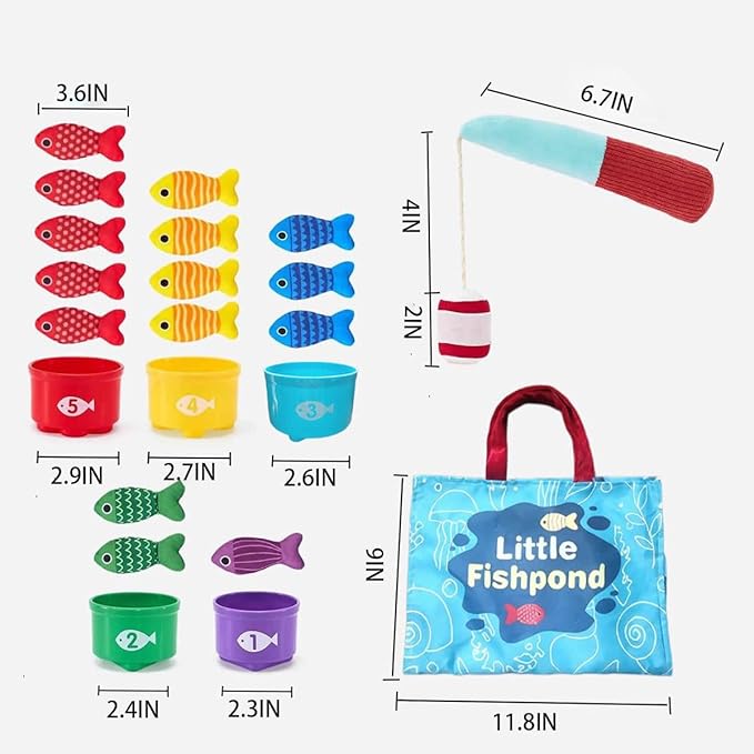Toddler Montessori Toys Fishing Game with Stacking Cups Storage Bag Number Counting Color Sorting Shape Learning Toys Hand-Brain Coordination Sensory Ability for 1-3 Year Old Girl Boy Birthday Gifts