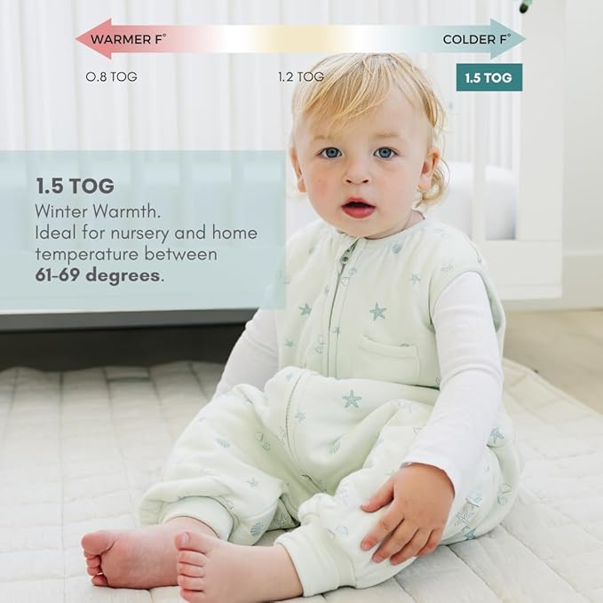 Tealbee Dreamsuit: Toddler Sleep Sack with Feet 3T 4T - 1.5 TOG Winter Baby Wearable Blanket for Walkers - Rayon made from Bamboo, Organic Cotton Sleep Bag - Seashell