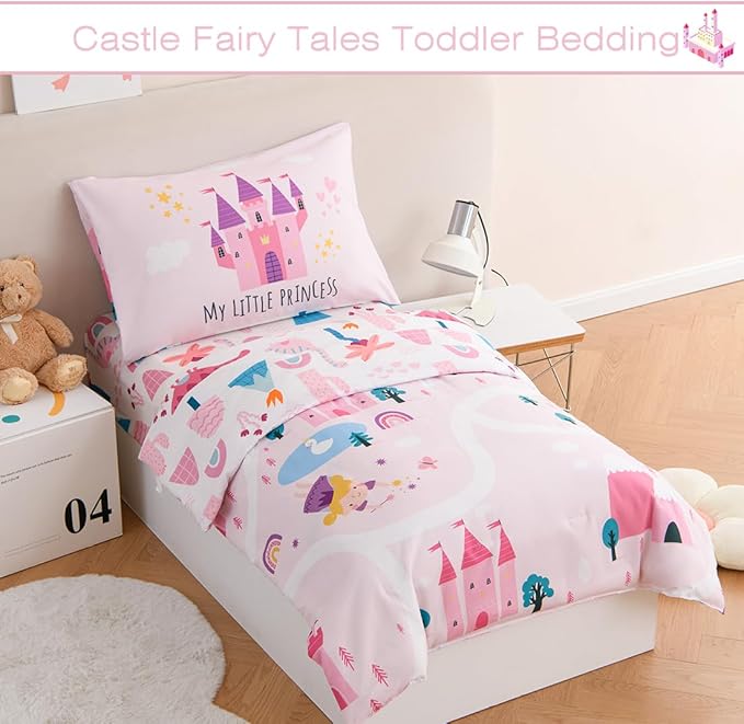 PERFEMET 4 Pieces Girls Toddler Bedding Set Pink Castle Fairy Tales Toddler Comforter Set Reversible Colorful Rainbow Princess Printed Toddler Bed Set with Sheets(Pink, Castle)