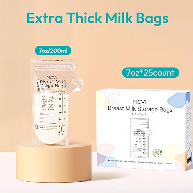 NCVI 25 Count Breastmilk Storage Bags Freezer for Baby, Breast Milk Feeding Bag with Temp-Sensing, Doubled-Sealed, Self Standing, Easy Pour Spout, BPA-Free, 7oz