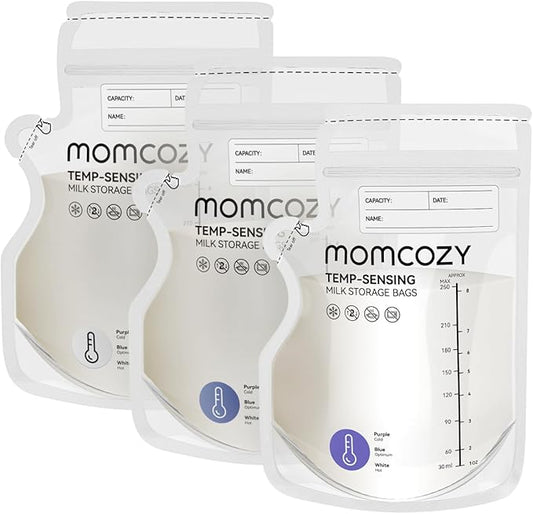 Momcozy Easy Pour Breastmilk Storage Bag, 8Oz, Temp-Sensing Color Change, 120 Count Milk Bag with Self Standing for Breastfeeding, No Leak Presterilized for Freezer, Recyclable & BPA Free