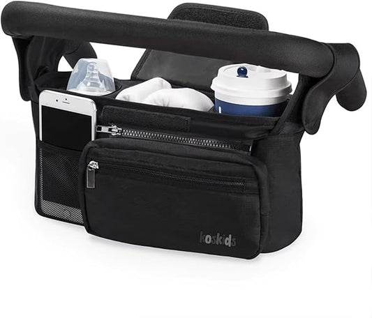 Universal Stroller Organizer with Insulated Cup Holder, Detachable Phone Bag, Shoulder Strap – Fits All Stroller Types, Keeps Drinks Hot/Cold (Black)