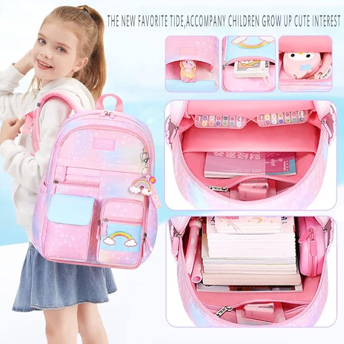 Kawaii Backpack, Pink Backpack for Girls, Kid Starry Rainbow Bookbag, Cute Backpack for Kids, Aesthetic Backpack, Pink