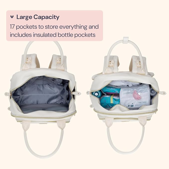 BabbleRoo Leather Diaper Bag Backpack - Baby Essentials Travel Baby Bag, Multi function, Waterproof, with Changing Pad, Stroller Straps & Pacifier Case – Unisex, Eggshell White