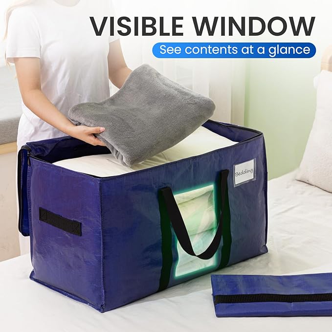 TAILI 6 Pack Dark Blue Extra Large Storage Bags, Heavy Duty Totes with Visible Window, Wrap Around Handles, Perfect for Moving
