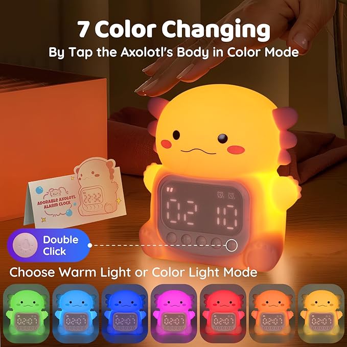 Axolotl Alarm Clock with Night Light for Kids, Rechargeable Silicone Lamp Time to Wake Clock，Cute Animal Tabletop Lamp, Perfect Sleep Companion for Boys Girls