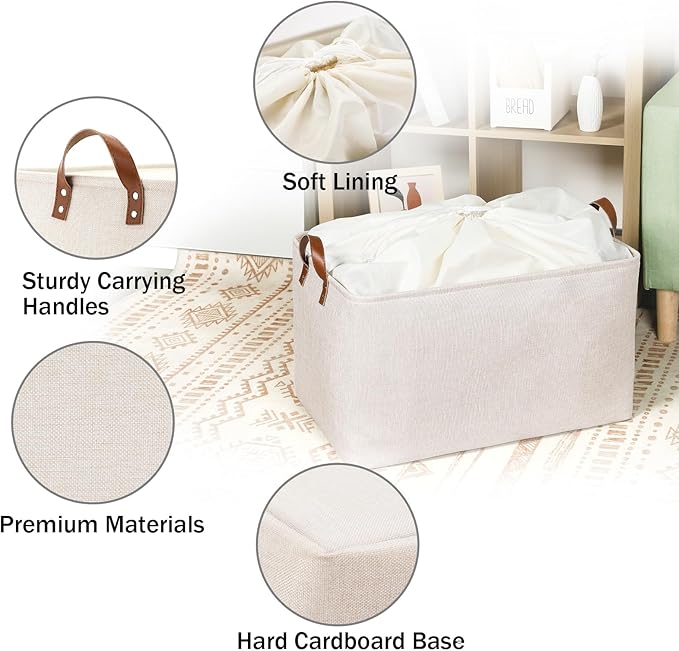 DULLEMELO Beige Storage Baskets for Organizing, Set of 2 Extra Large Canvas Fabric Storage Baskets with Handles, Foldable Storage Bins Baskets for Blankets Living Room