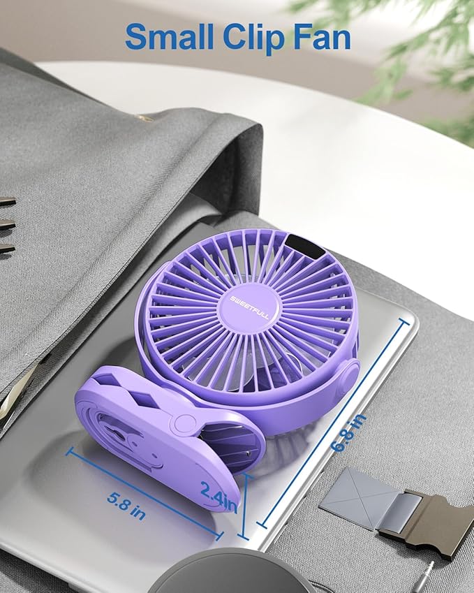 SWEETFULL Portable Clip on Fan - Battery Operated Stroller Fan, 4000mAh Small Rechargeable Fans with LED Display, 4 Speeds, Mini Personal Cooling Desk Cooler for Golf Cart Travel Camping Gym (Purple)