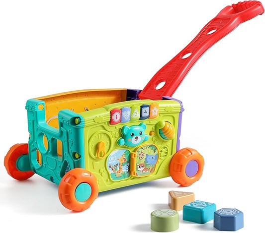 Interactive Learning Push Walker Toy for Toddlers, Musical Activity Wagon with Handle, Educational Rolling Cart with Blocks