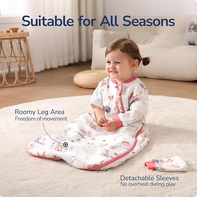 Baby Sleep Sack 12-18 Months, Cotton Detachable Long Sleeve Sleep Sack, 1.0 Tog Toddler Sleeping Sack with Temperature Strips, 2-Way Zipper Wearable Blankets for Newborns, Bunny