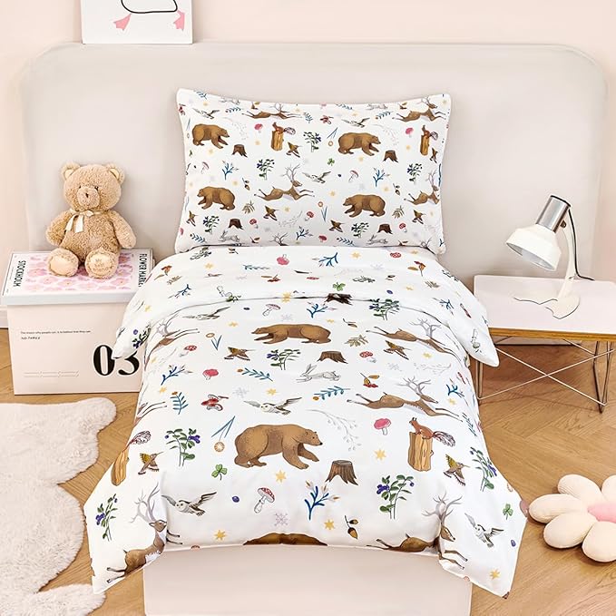 PERFEMET 4-Piece Toddler Bedding Set-Reversible Woodland Animal Toddler Bed Sets for Boys Girls-Soft Lightweight Cartoon Bear Deer Print Toddler Bed Comforter with Sheets for All Season