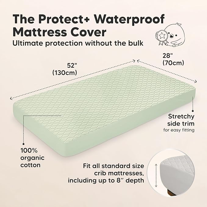 Waterproof Crib Mattress Protector Cover Fitted - 2-Pack Quiet Baby Crib Mattress Pad Sheets, 52" x 28" Soft Quilted Cotton Baby Sheet, Machine Washable, Easy Fit, Durable (Sage/Mavy)
