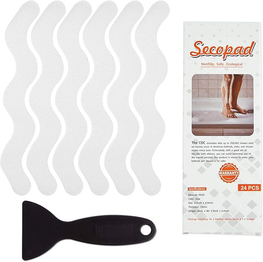 USA Patented Anti Slip Shower Stickers 24 PCS Safety Bathtub Strips Adhesive Decals with Premium Scraper for Bath Tub Shower Stairs