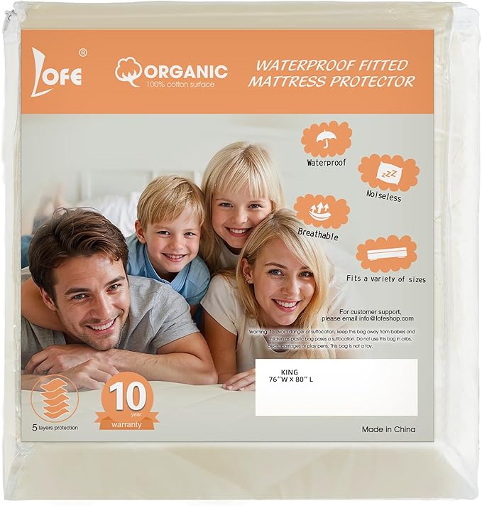 Lofe Organic Cotton King Mattress Protector - Top&Side 100% Waterproof Mattress Protectors, Breathable Organic Mattress Protector, Noiseless King Mattress Protectors Waterproof 80x76x17 in