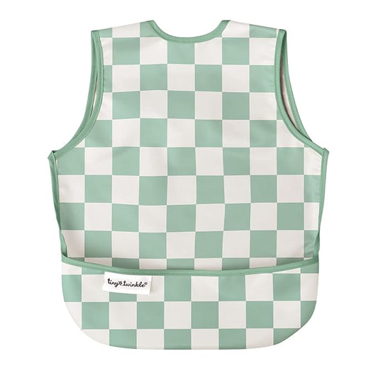 Tiny Twinkle Mess Proof Baby Bib - Waterproof & Lightweight Baby-Led Weaning Apron | 100% Recycled Polyester, Easy Clean & Machine Washable (Green Checkers, Large 2-4 Years)