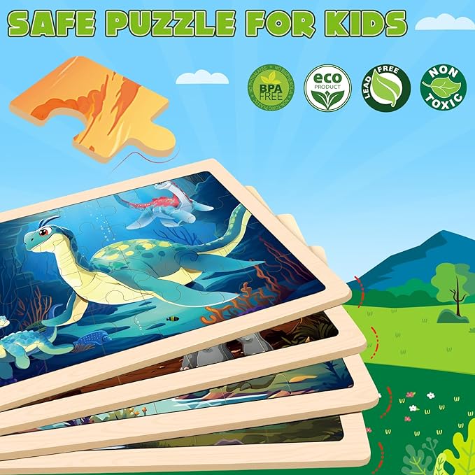 Wooden Dinosaurs Puzzles for Kids Age 3 4 5 Year Old, 4 Pack 24 Pcs Montessori Toddler Jigsaw Puzzles for Girl boy Activities Preschool Learning Educational Birthday Gift Travel Autistic Wooden Toys