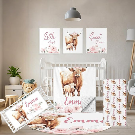 Personalized Baby Crib Bedding Set, 5 Pcs Custom Name Nursery Bedding Set, Pink Highland Cow Baby Bedding Set for Girl, Double Layer Baby Crib Sets, Customized Gifts for Toddlers Kids Infants