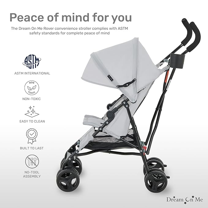 Dream On Me Rover Convenience Baby Stroller in Gray, Lightweight & Compact Umbrella Stroller, Easy one-Hand fold Travel Stroller, Lockable Rear Wheels, Removable & Adjustable Canopy