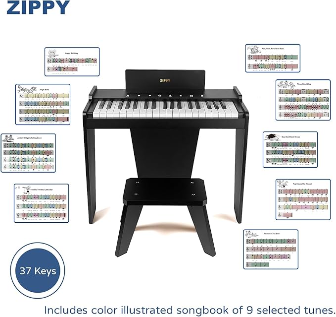 ZIPPY Kids Piano Keyboard, 37 Keys Digital Piano for Kids, Touch Sensitive Control Panel, Built-in Songs, Volume Adjustable, Music Educational Instrument, Wood Piano for 3+ Girls and Boys (Black Plus)