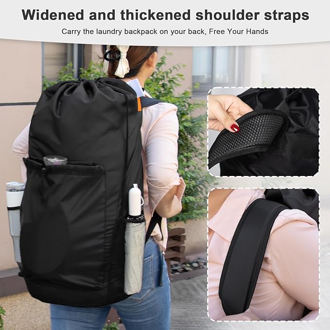 Polecasa Heavy Duty Backpack Laundry Bag, 29 x 13.5 Inches Hamper bag with Padded Shoulder Straps,130gsm Durable Fabric and 4 Pockets, Large Drawstring Bag for Dorm, College, Travel, Black
