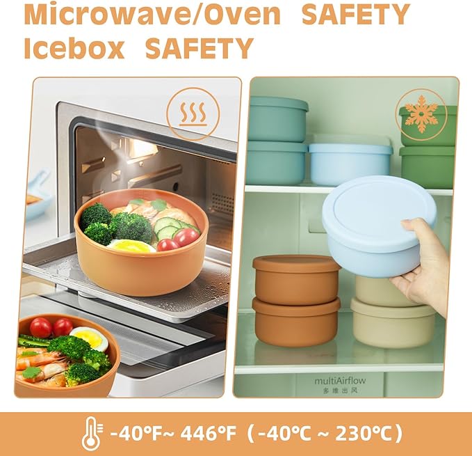 XU&PEIQI 24oz Covered Silicone Lunch Salad Bowl, Round Fruit & Snack Container, Perfect for Meal Prep & Leftovers, Soup & Stew Storage, Safe for Microwave, Fridge, Dishwasher, BPA-Free.(Brown)
