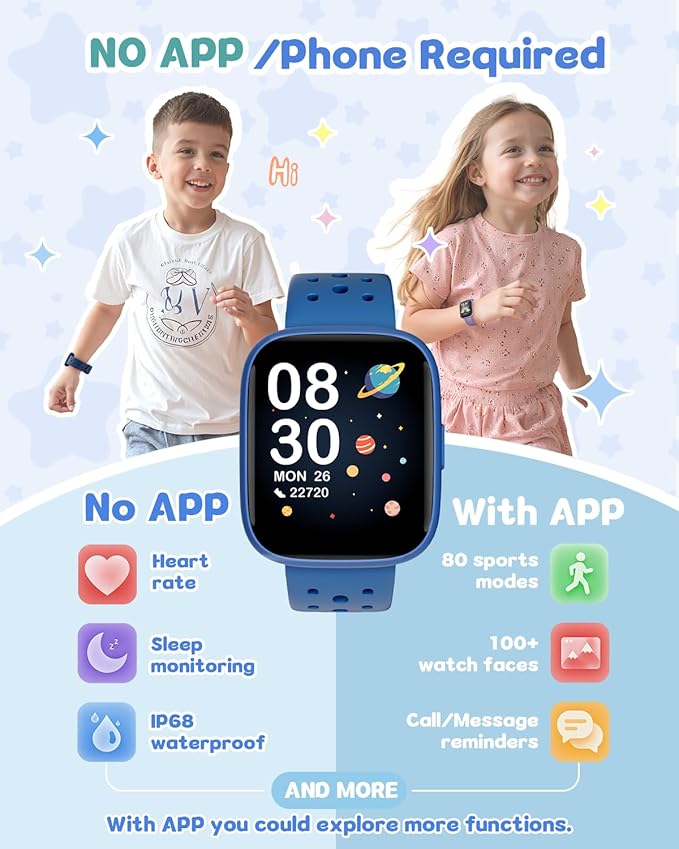 Kids Watch for Boys 5-12, Kids Smart Watch Fitness Tracker Pedometer, No Phone Needed, Puzzle Games with Parental Control, IP68 Waterproof, Heart Rate, Sleep Monitor, Step Counter, 80 Sports