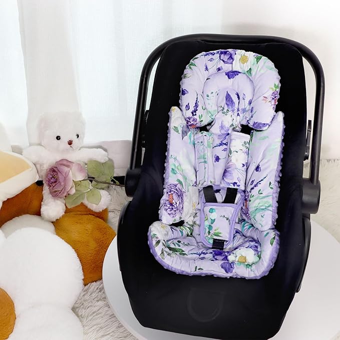 Infant Car Seat Insert and Strap Covers, Very Soft Car Seat Head Support Baby Girl Boy, Reversible Newborn Carseat Insert Cushion Fits for Stroller, Baby Swing, Bouncer (Purple Floral)