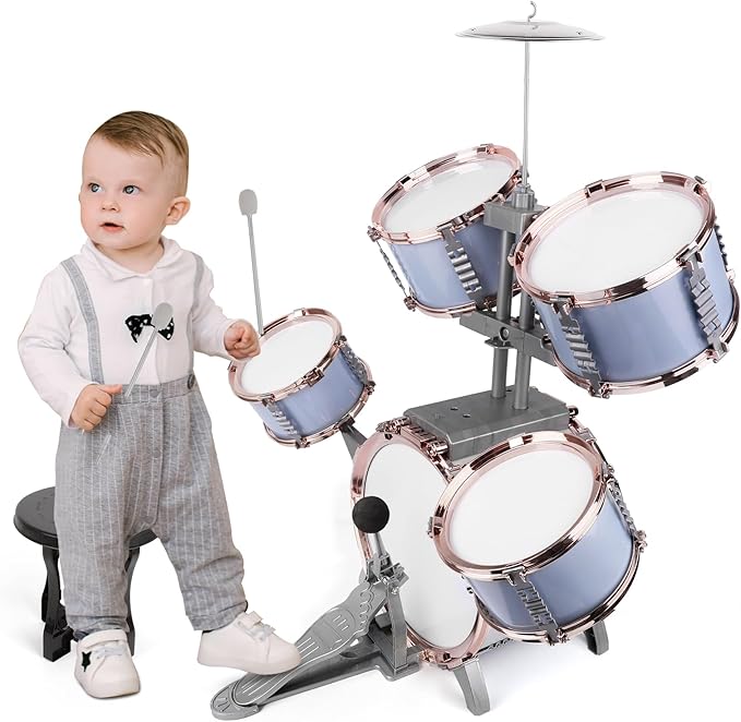 M SANMERSEN Kids Jazz Drum Set - 5 Drums with Stool - Rock Jazz Drum Kit - Musical Enlightenment Educational Toys Gift for Boys Girls