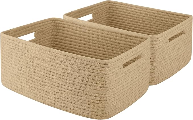 OIAHOMY Storage Basket for Shelves, Closet Cube Storage Bins Baskets for Clothes Blanket Towels, Baby Nursery, Toy Baskets Box, Woven Rope Basket, 17.72*12.99*7.87 IN, 2 Packs Jute Yellow