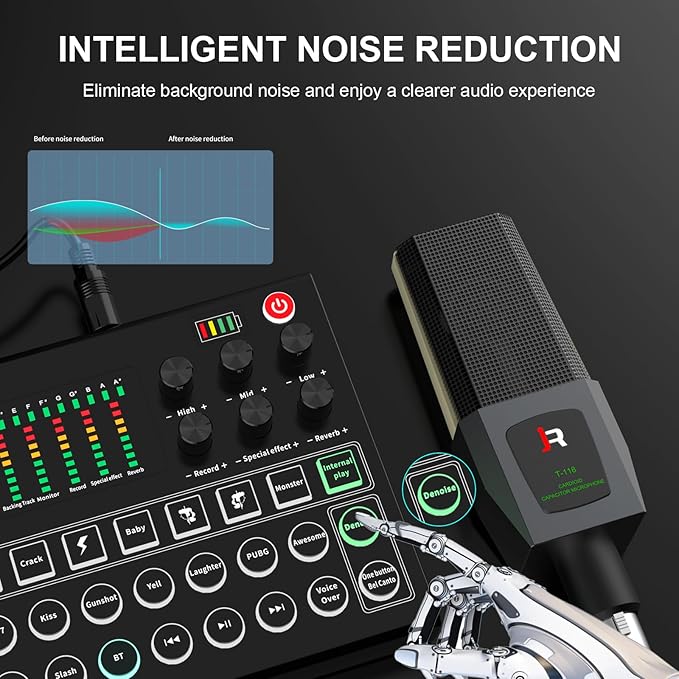 RHM Podcast Equipment Bundle, All-in-One Audio Interface DJ Mixer with Microphone, Stand, Monitor Earphone, Audio Mixer With Sound card for PC/Laptop/Phone, Streaming/Podcasting/Gaming (M9 Set)