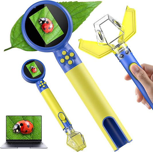 2 in 1 Kids Microscope with Bug Catcher,HD 500X Digital Microscope for Kids with 2" Screen,Photo and Video,STEM Educational Science Kit Learning Toys for Age 3-12 Girls & Boys Birthday Gifts (Blue)