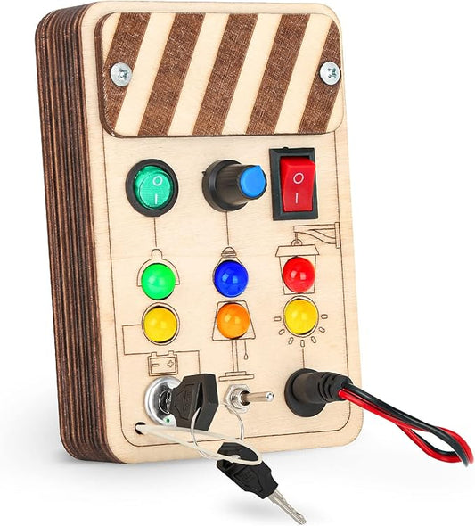 Joyreal Wooden Montessori Busy Board, Toddler Sensory Toys, LED Light Switch, Travel Toys for 2+ Year Old Boy