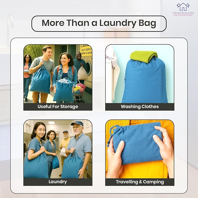 LFH Home Cotton Canvas Large Laundry Bag with Handle, Heavy Duty Drawstring Closure Washable Laundry Bags, School Travel, Home, Hotel, College Dorm, Organizer Sack, Toys Clothes 24x36-Sky Blue