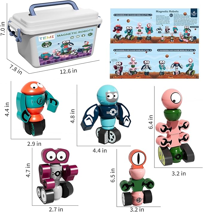 TEMI Magnets Robot Toy for 3 4 5 6 7 Year Old Boys - Transform Toys Planet Magnet Building Toys Stacking for Toddler, Learning Educational Christmas and Birthday Gifts for Kids Ages 3-7