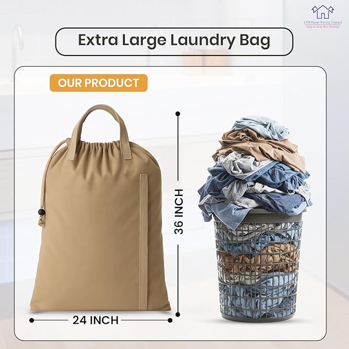 LFH Home Cotton Canvas Large Laundry Bag with Handle, Heavy Duty Drawstring Closure Washable Laundry Bags, School Travel, Home, Hotel, College Dorm, Organizer Sack, Toys Clothes 24x36-Beige