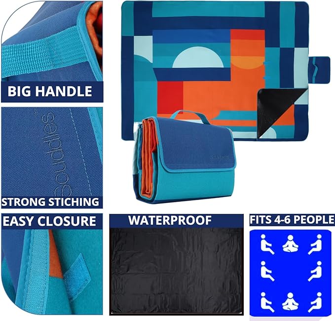 scuddles Compact Picnic Blanket – Extra Large 79" x 59" Outdoor Mat with 3-Layer Waterproof Design, Soft Fleece, Carry Strap & Reinforced Edges for Camping, Beach, Parks & Hiking