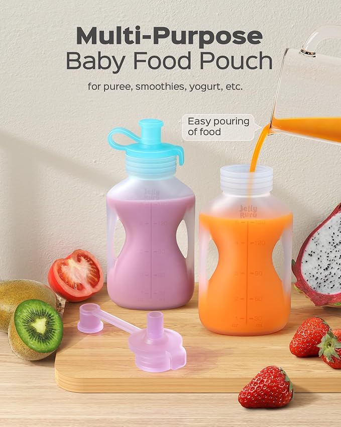 Silicone Reusable Baby Food Pouches with Straws, 6 Pack Leakproof Refillable Squeeze Pouches, Dishwasher, Freezer, Microwave Safe, 5OZ Baby Food Storage for Homemade Puree, Yogurt