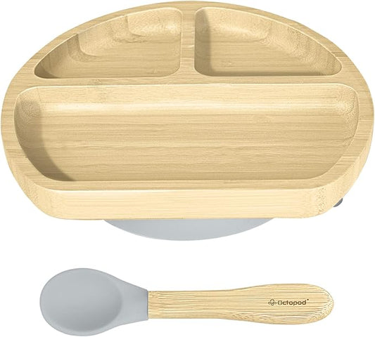 Abiie Octopod Bamboo Dish - Kids Plates for 4 months and up, 3-Compartment Baby Plates with Suction, Triangle Bamboo Baby Plate, Mess-Free Toddler Suction Plates, Baby Feeding Supplies, 8.3x1.9x7.7 in