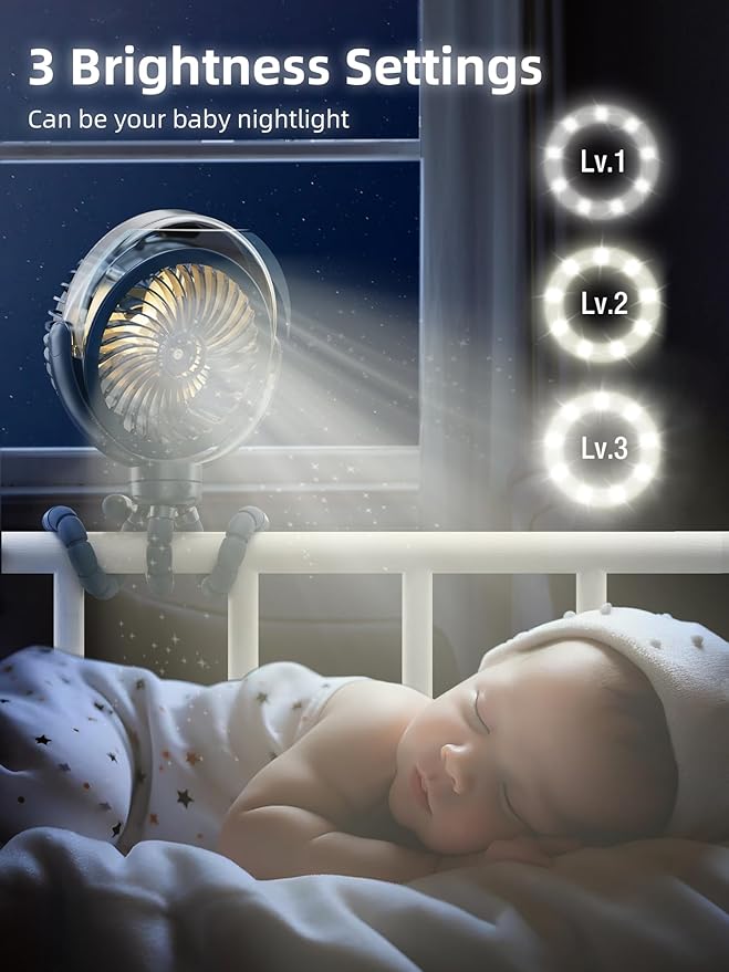 Misting Stroller Fan, 6000mAh Battery Operated Portable Fan with Light & 360° Pivoting, Personal Cooling Fans with Flexible Tripod for Baby, Office, Travel,Treadmill,Outdoors (Dark Blue)