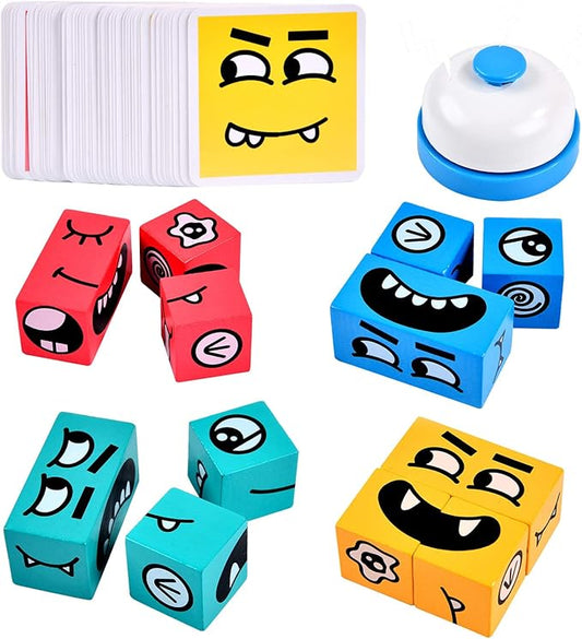 Wooden Face Changing Magic Cube Building Blocks Game Matching Expression Puzzle Toy Board Games for Family Night, Match Puzzles Geometric Educational Toys for Kids and Adults